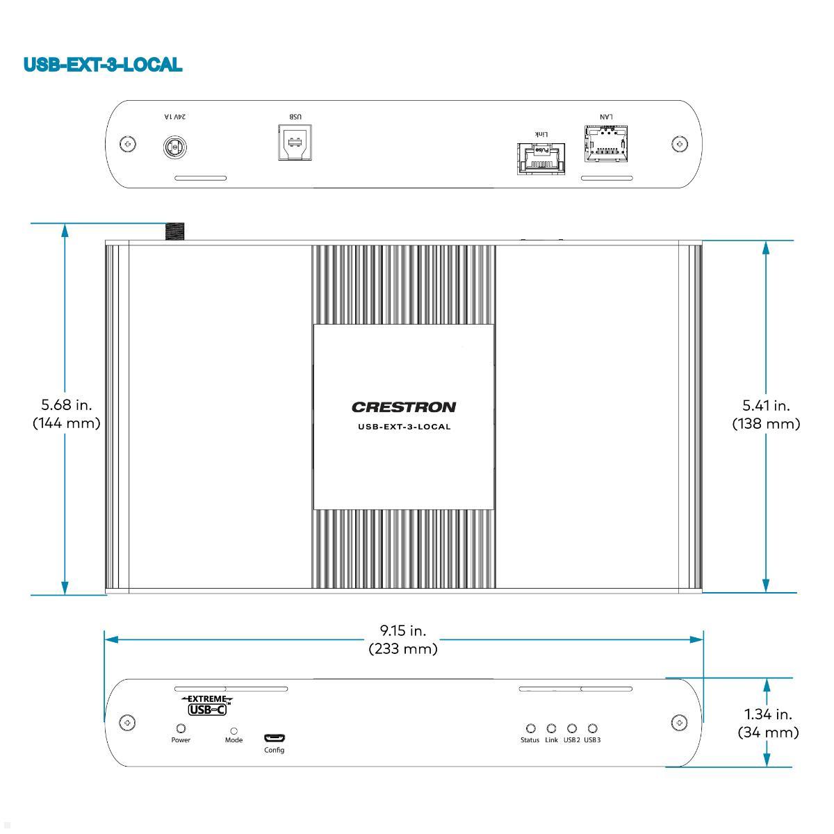 Crestron USB 3.2 Extender über CAT 6a/7 Kabel, lokal / ferngesteuert (USB-EXT-3 KIT) technische Zeichnung LOCAL 