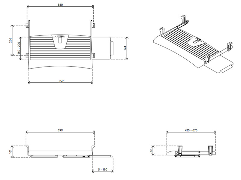 Dataflex Addit 97223 Tastaturauszug Untertisch Zeichnung