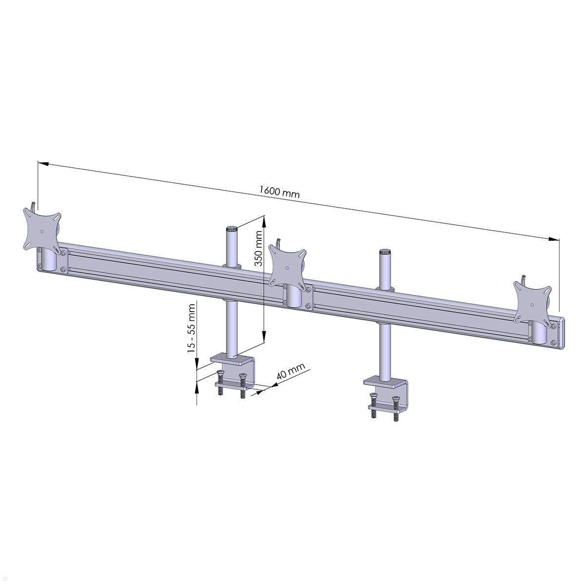 MonLines MTH242G Flat 3-fach Monitorhalterung Tischklemme bis 32 Zoll, grau, Zeichnung Maße