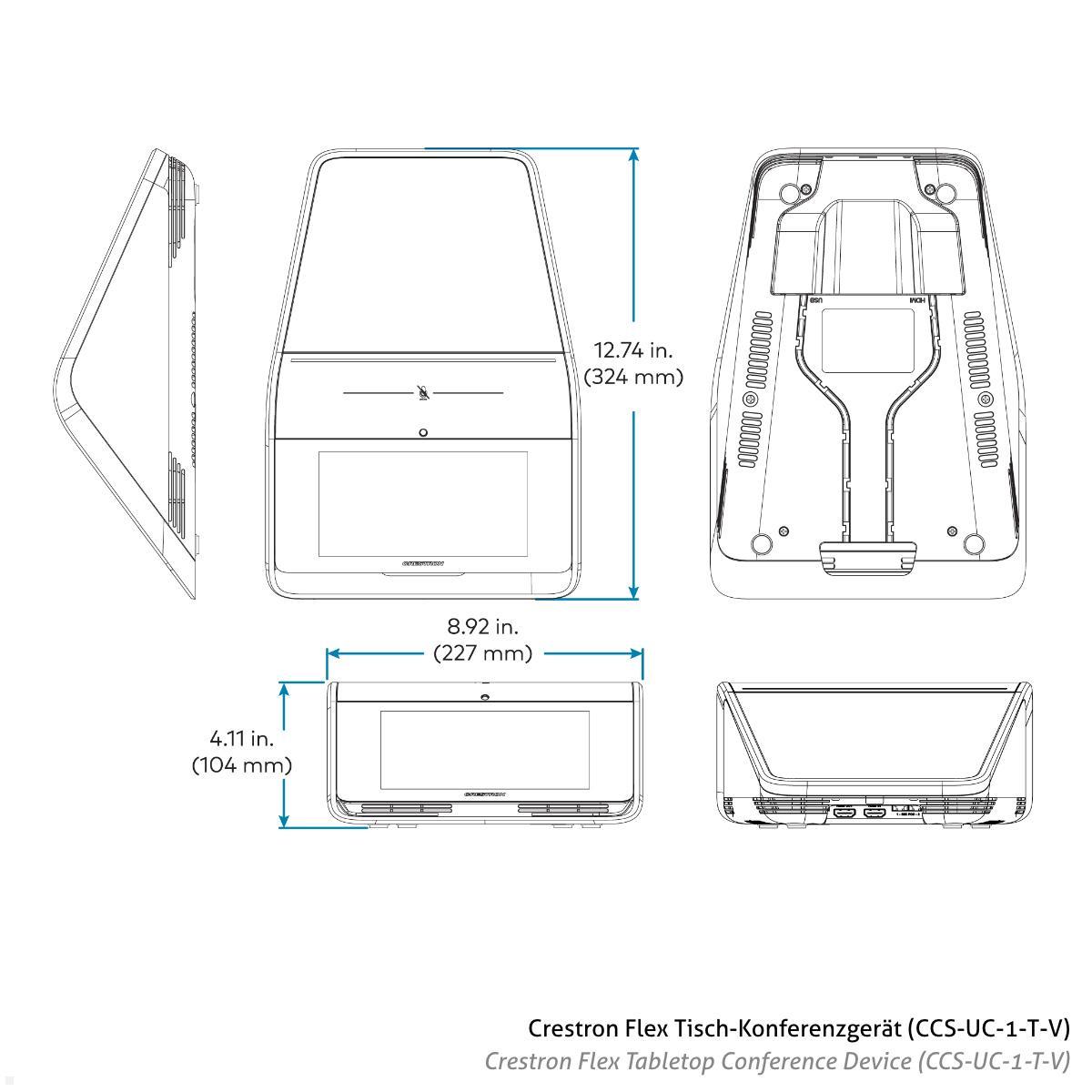 Crestron Flex Tabletop Videokonferenzsystem für Medium MS Teams Räume (UC-M50-T) technische Zeichnung Tischkonferenz Device