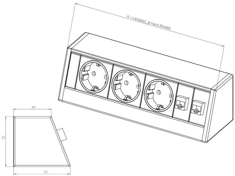 EVOline R-Dock Data Small 3-fach Steckdose, Skizze