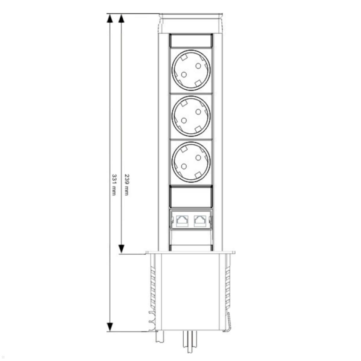 EVOline Port Push 3-fach Einbausteckdose, 2x CAT6, Skizze