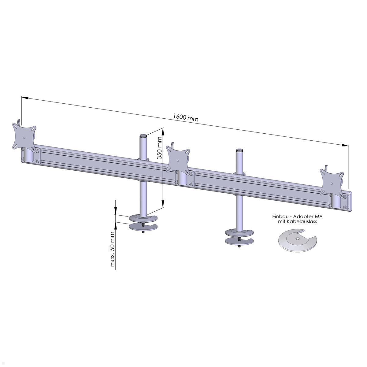 MonLines MTH209G Flat 3-fach Monitor Tischhalterung Einbau 25-32 Zoll, grau, Zeichnung Maße