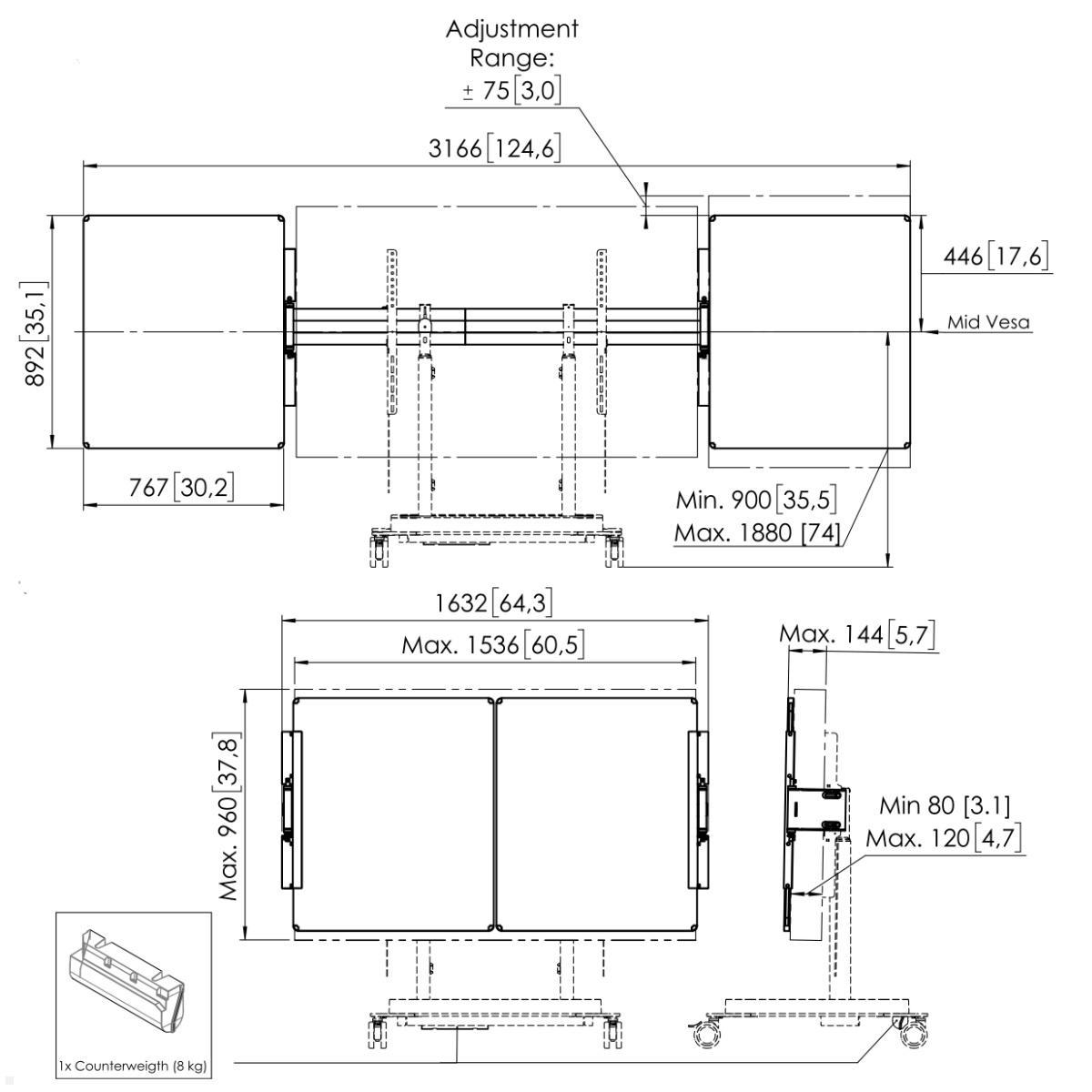 Vogels RISE A226 Zubehör Whiteboard Set 65 Zoll für TV Ständer / Trolley, technische Zeichnung