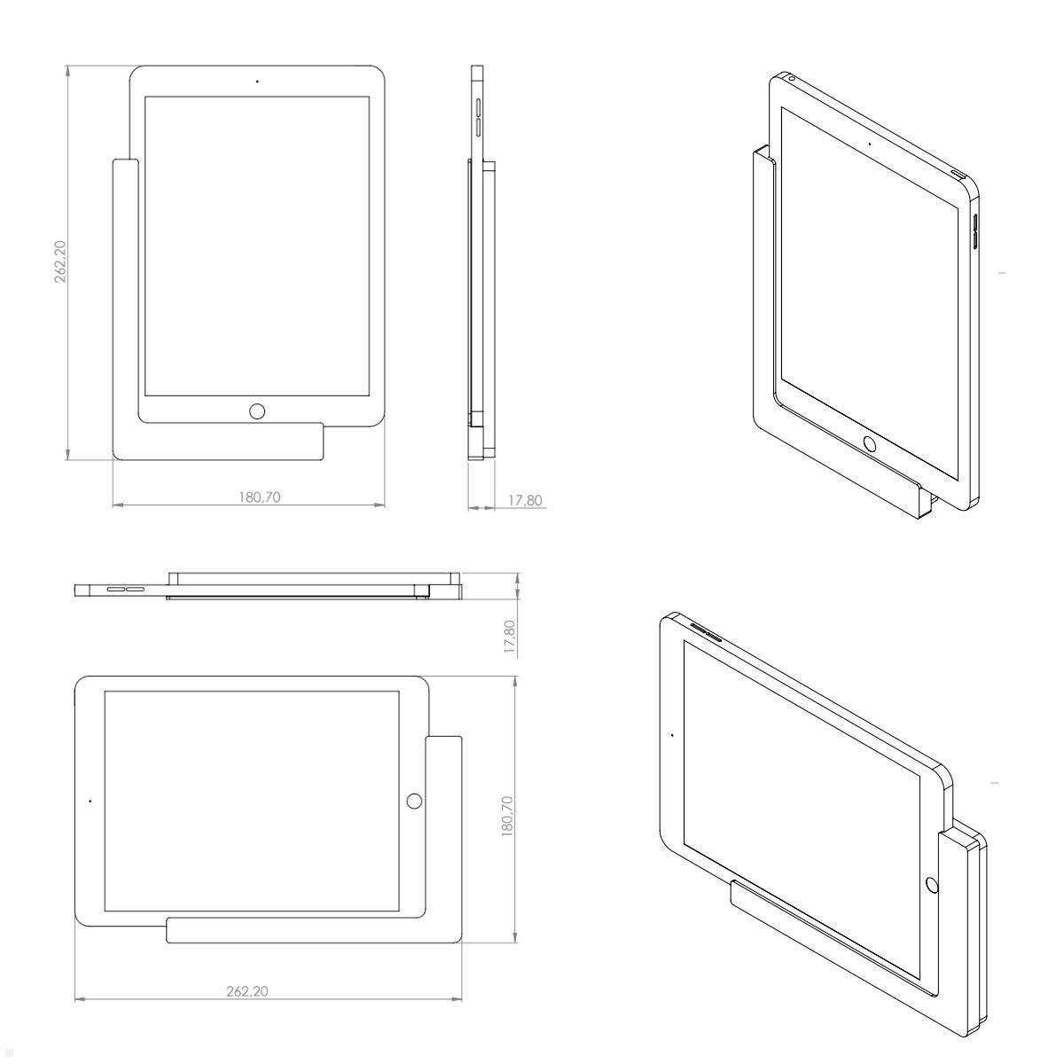 TabLines TWP014W Wandhalterung für Apple iPad Pro 9.7, weiß, Zeichnung Maße mit Tablet