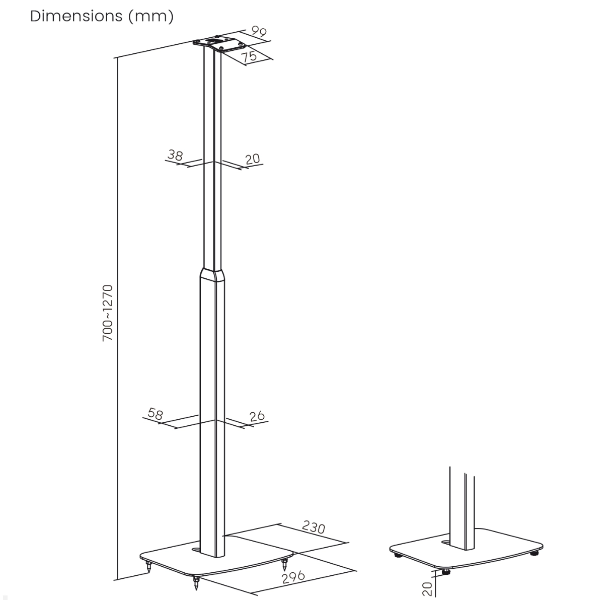 TecLines TLH006W 2x Lautsprecher Ständer Sonos Era 300 höhenverstellbar, weiß, technische Zeichnung