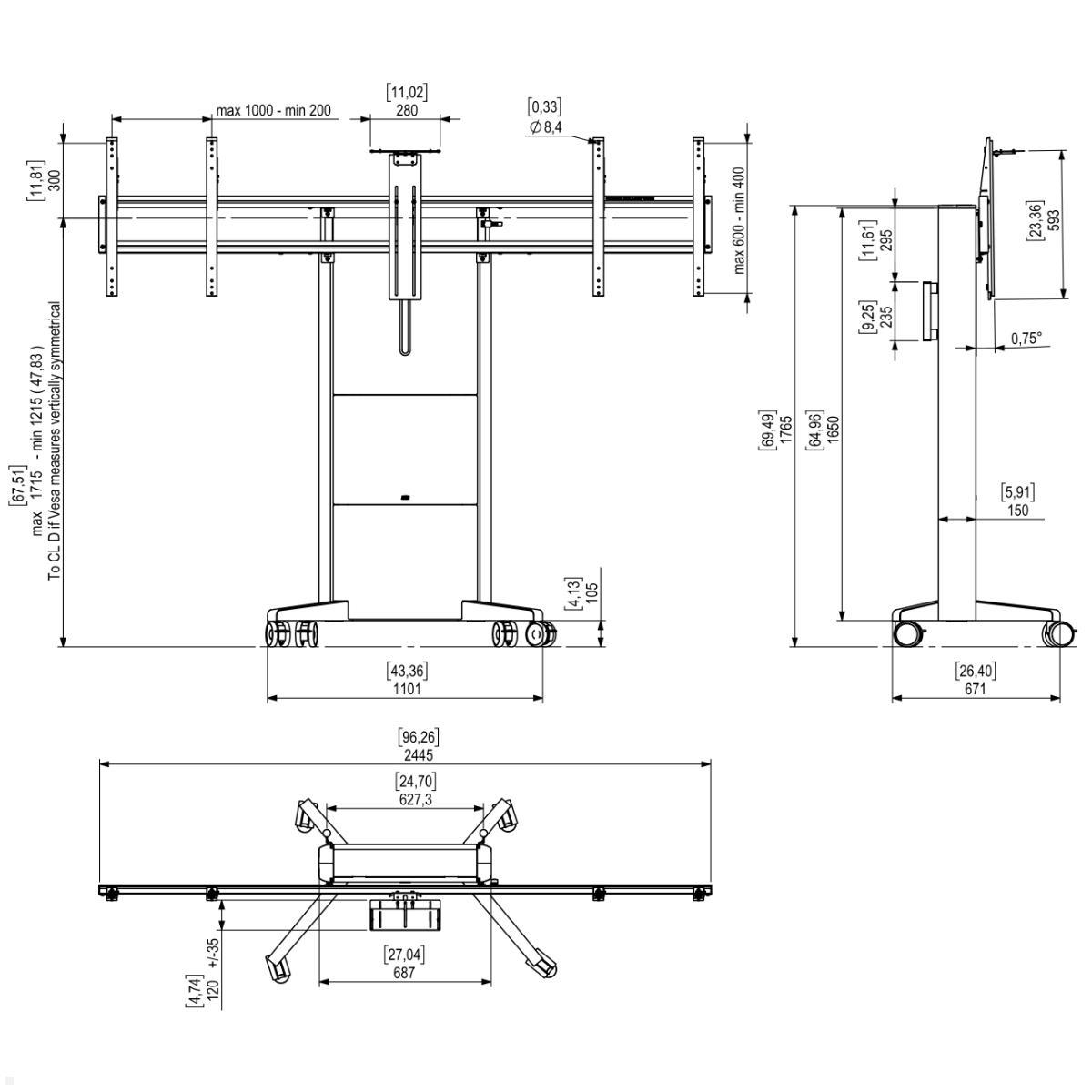 SMS Presence mobiler elektrischer Dual Monitorständer bis 75 Zoll (K05-103-22), technische Zeichnung