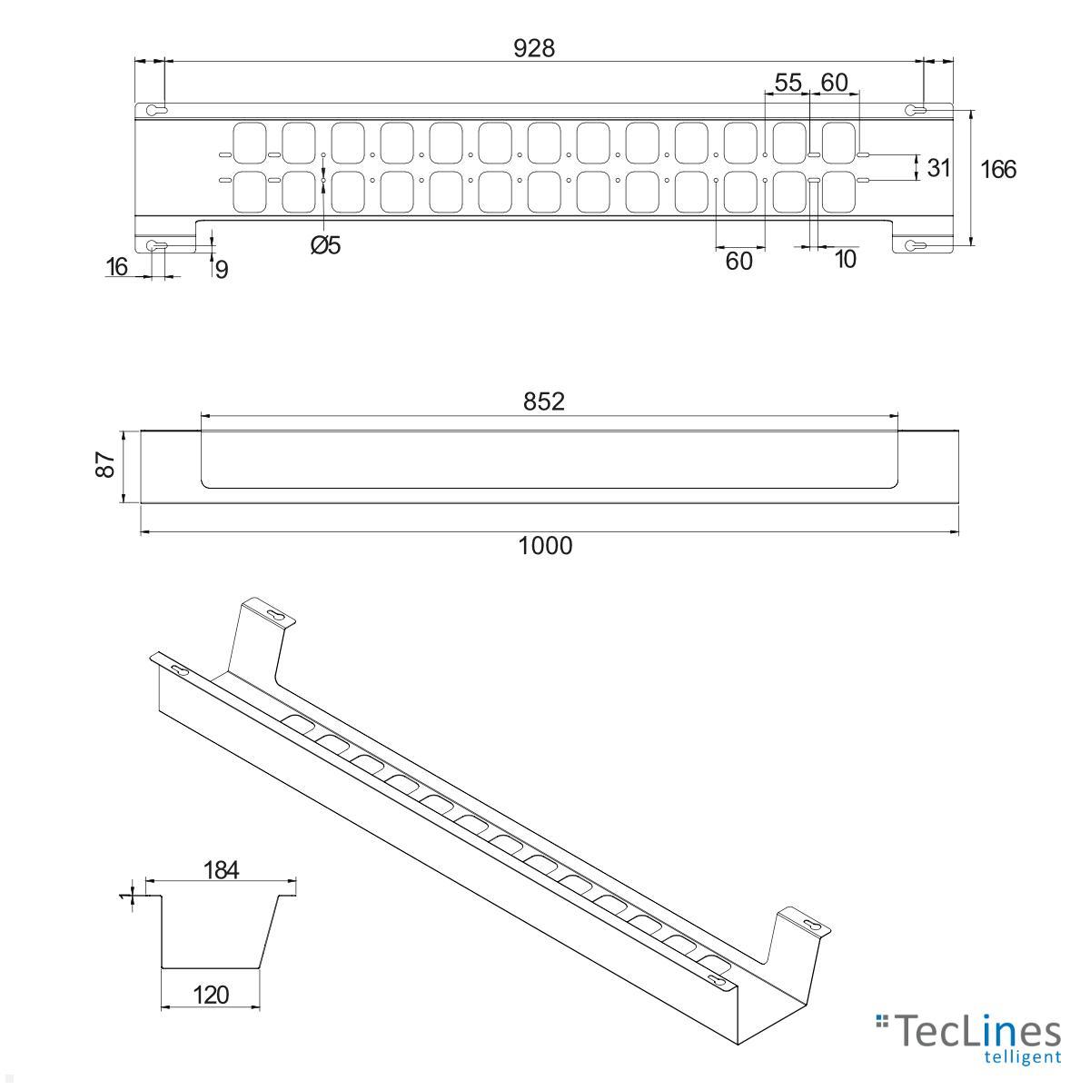 TecLines TKW003S Schreibtisch Kabelwanne horizontal 1000 mm, silber technische Zeichnung