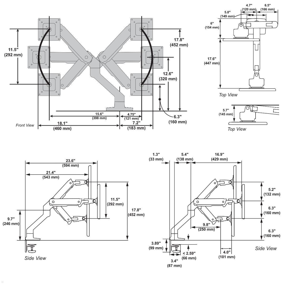 Ergotron HX Monitor Tischhalterung mit HD Gelenk, weiß (45-647-216), technische Zeichnung