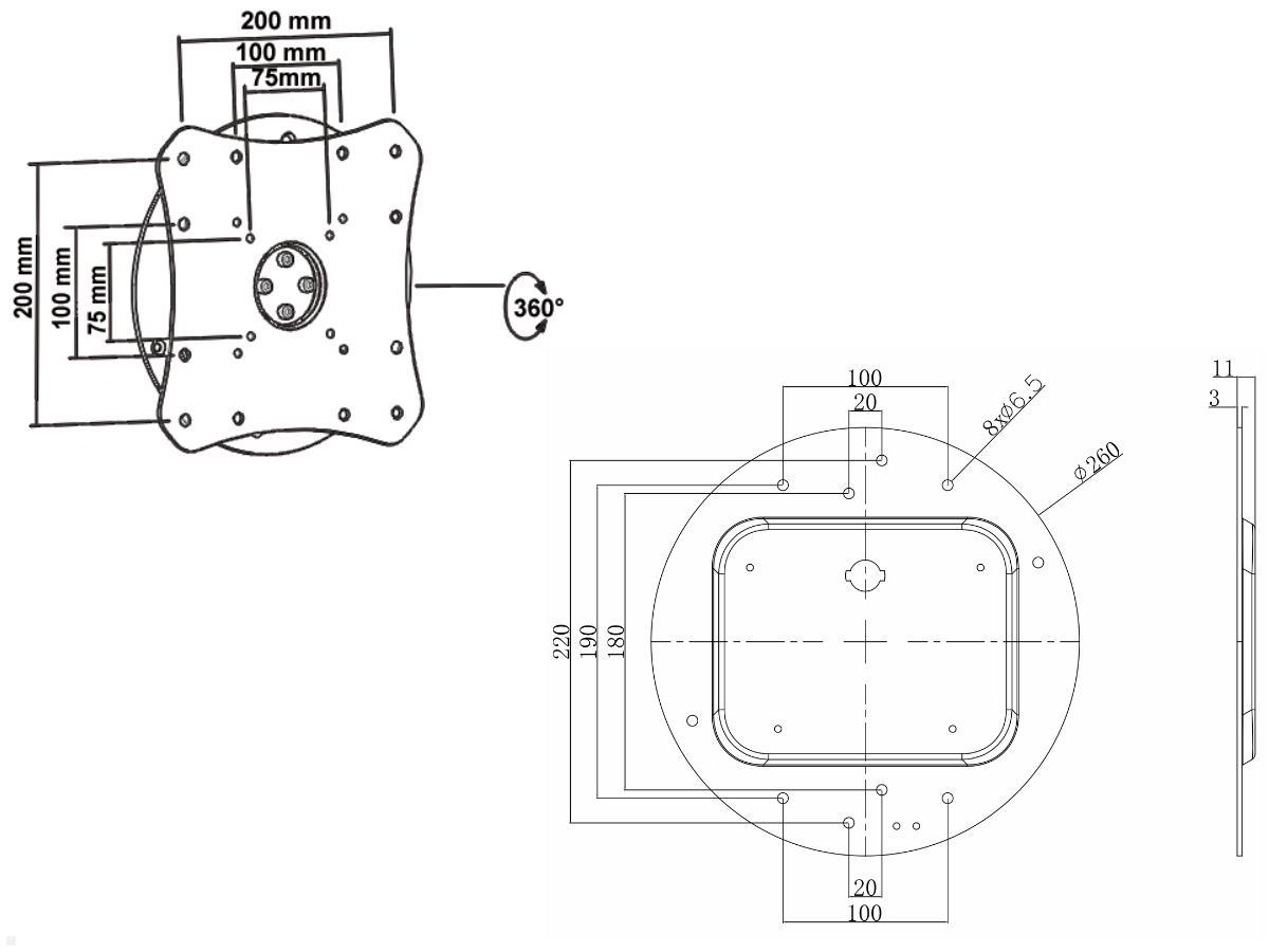 MonLines MWH007B Monitor Wandhalterung mit Pivot-Funktion technische Zeichnung