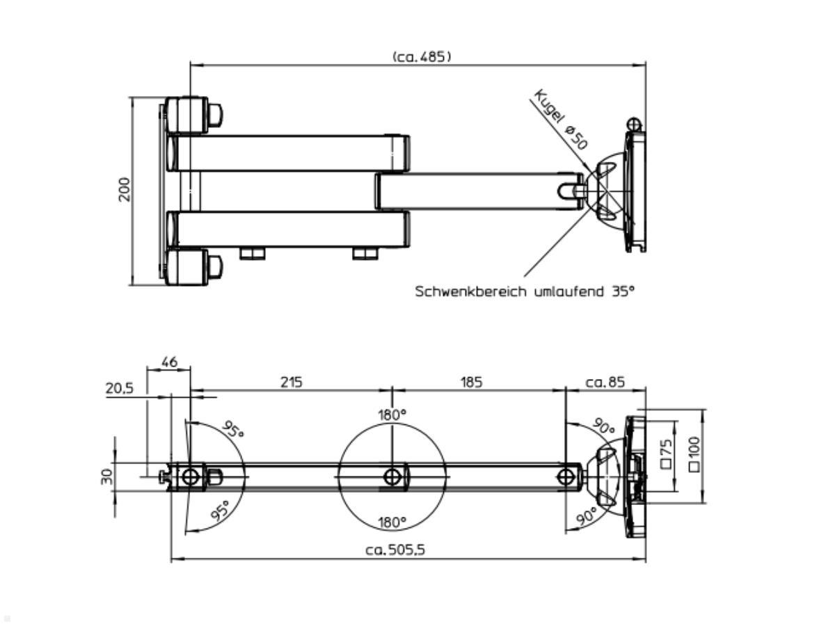 Novus Dual Monitorhalter TSS Säule 845 Tischklemme mit Faltarm III, Zeichnung Faltarm Maße