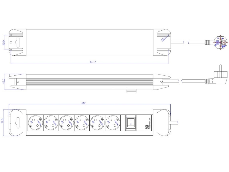 Bachmann CONNECTUS 6x Schutzkontaktsteckdose, 1x Schalter (330.101) Zeichnung