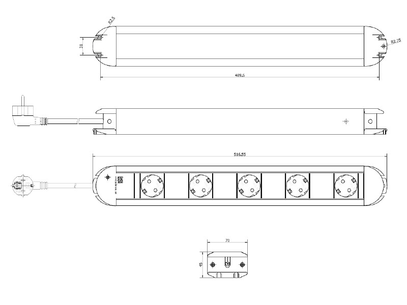 Bachmann PRIMO 5x Steckdosenleiste mit 2m Zuleitung (331.032) Zeichnung