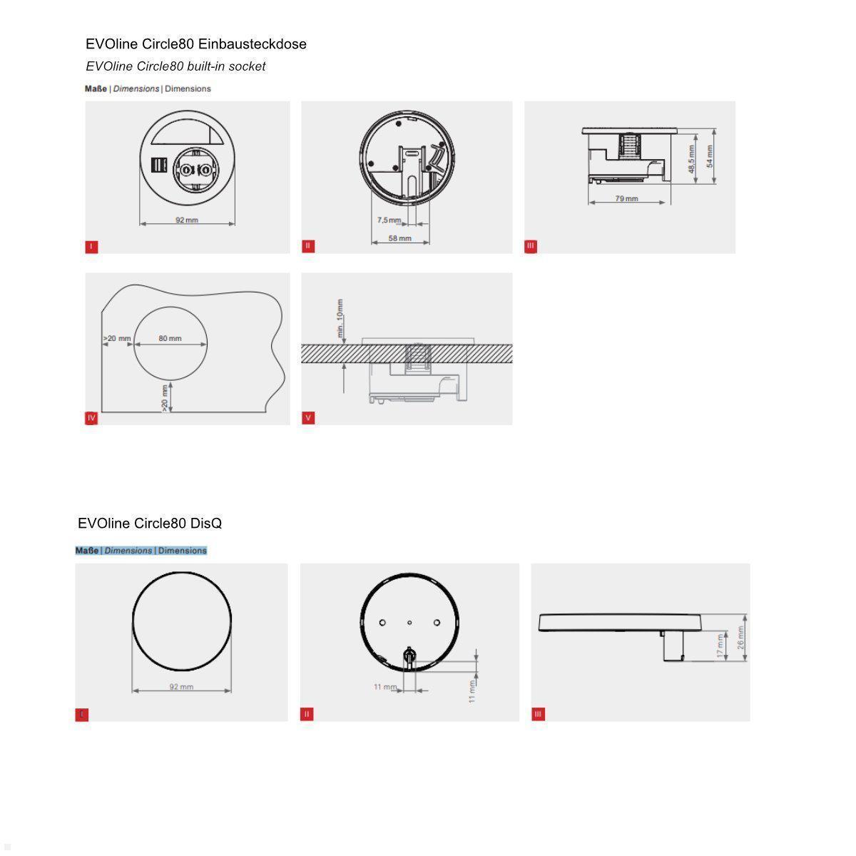 EVOline Circle80 Einbausteckdose USB A/C, Wireless Charger Deckel, Maße 