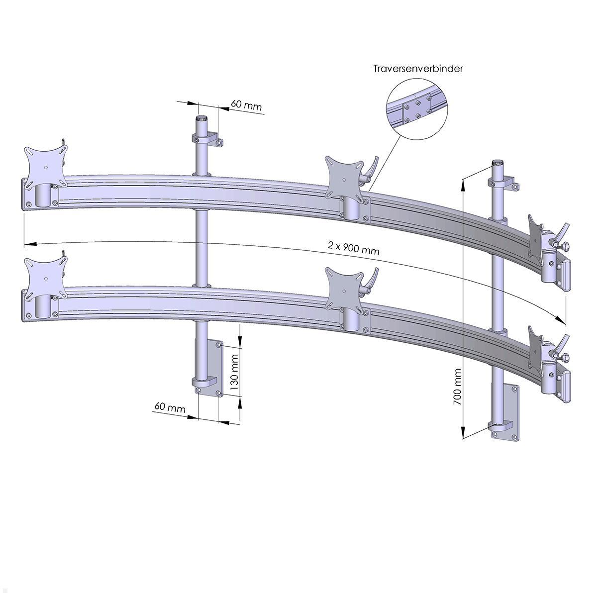 MonLines MWH225G Para 3+3 Monitor Wandhalterung bis 32 Zoll, grau, Zeichnung Maße