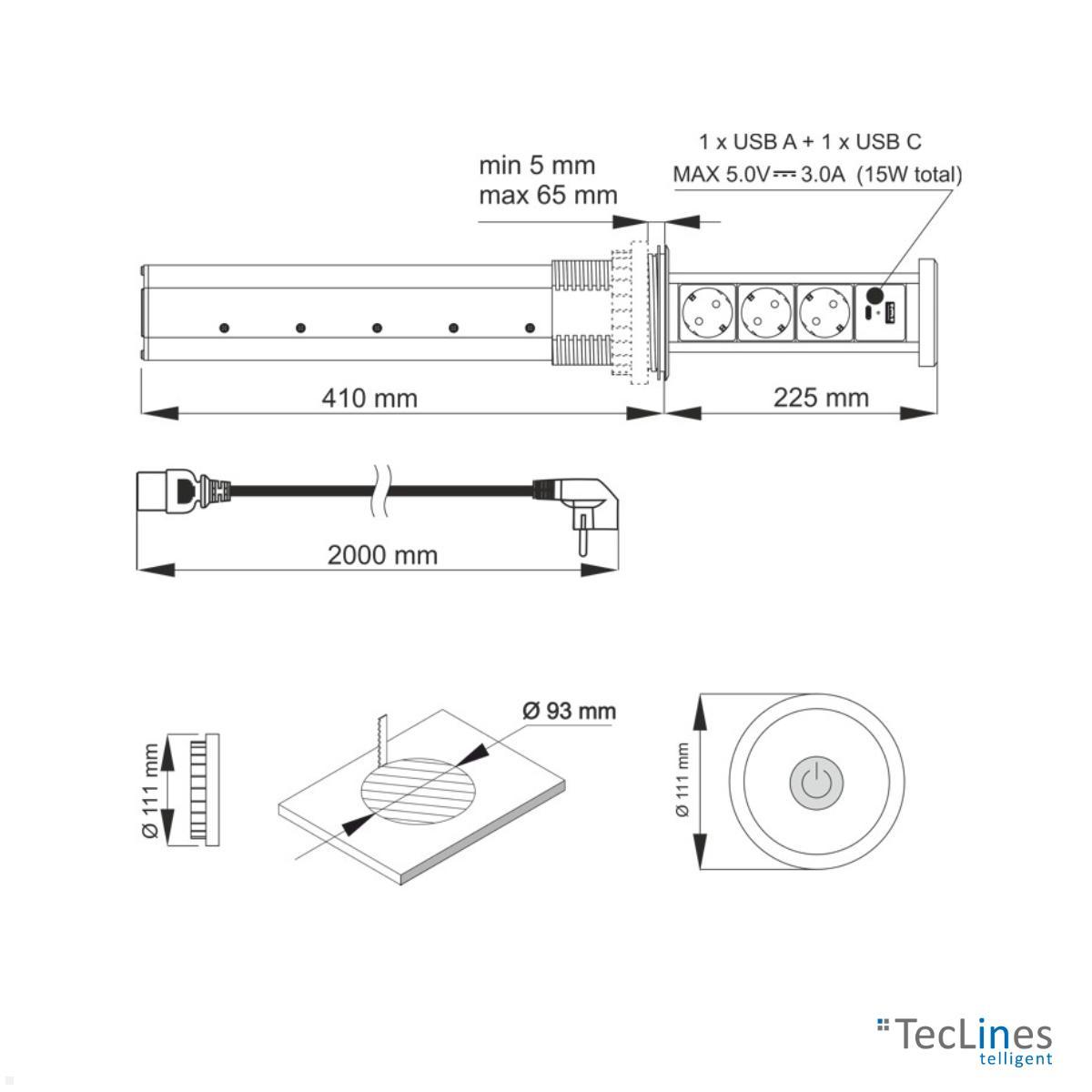 TecLines TVS007B versenkbare 3-fach Steckdosenleiste mit USB-Charger A/A, schwarz technische Zeichnung