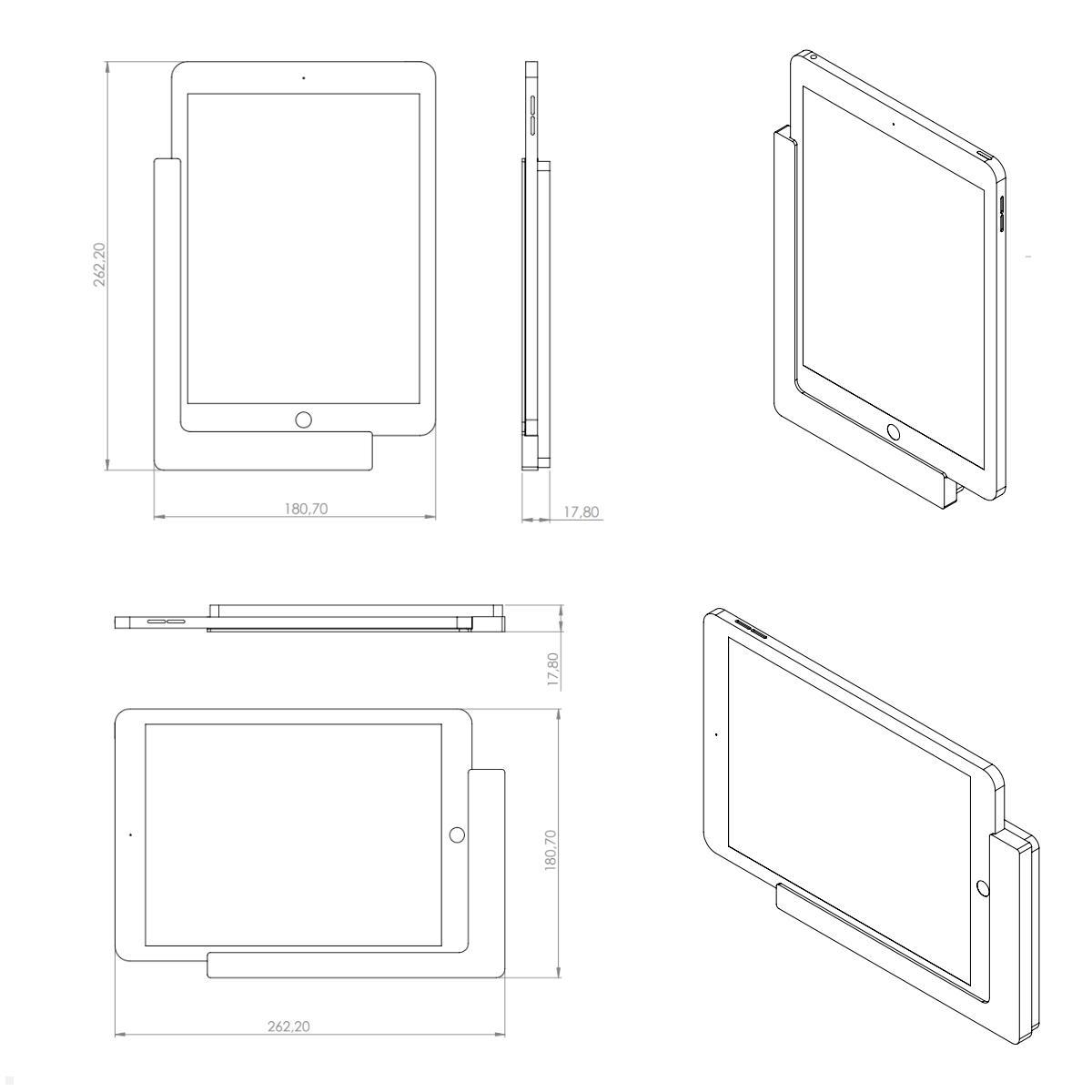 TabLines TWP017B Wandhalterung für Apple iPad 9.7 (5./6. Gen.), schwarz, Zeichnung Maße ohne Tablet