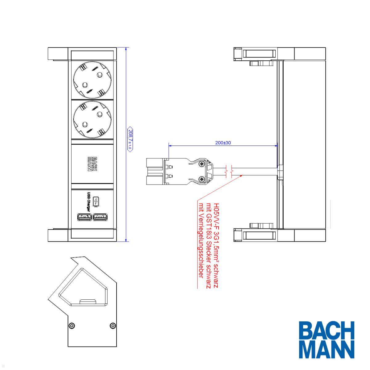 Bachmann DESK 2 - 2x Steckdose mit USB Charger ohne Zuleitung (937.111) technische Zeichnung