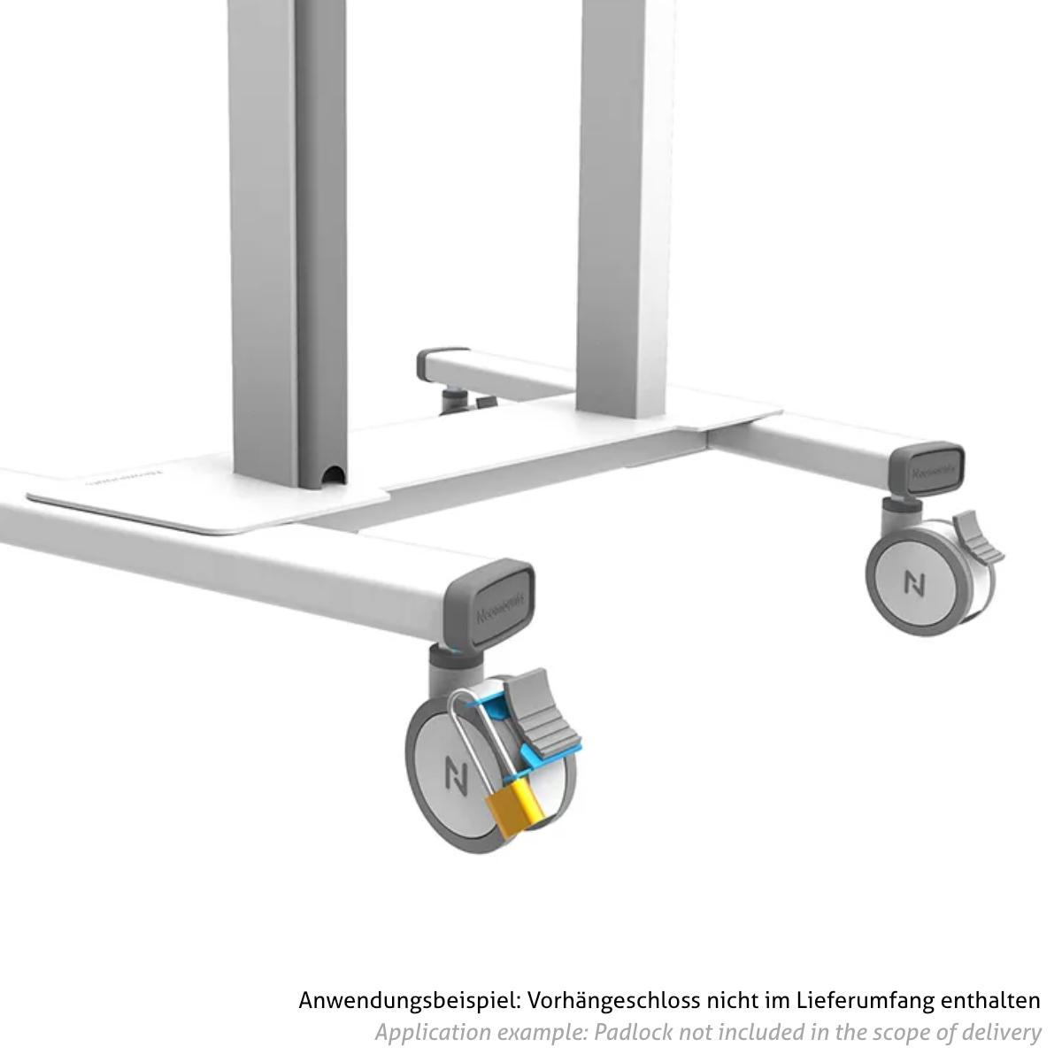 Neomounts ABL-875 Zubehör diebstahlsichere Rollen Bremssperre für TV Ständer Anwendungsbeispiel