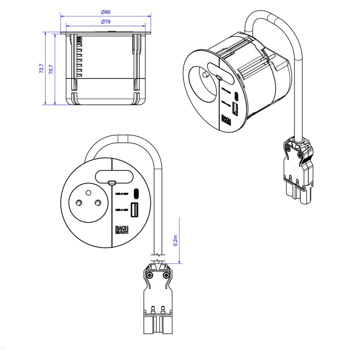 Bachmann LOOP IN CHARGE UTE Steckdose USB A/C Montagestecker, weiß (938.304), technische Zeichnung