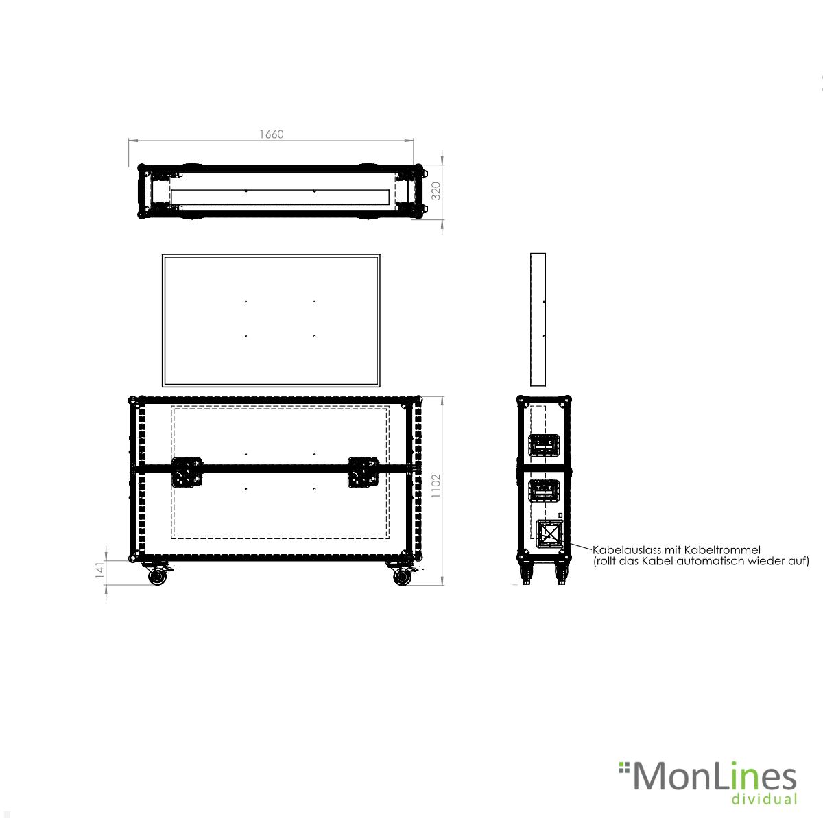 MonLines MTL003 FLYcase TV Lift im Transportcase bis 65 Zoll technische Zeichnung Case