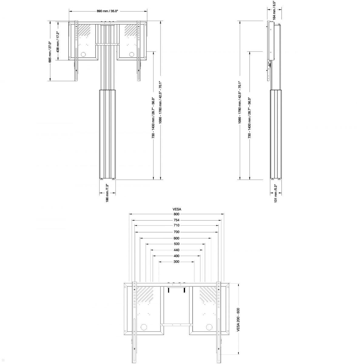 Conen Lite elektrischer TV Boden-Wandhalter 42-86 Zoll 700 mm Hub, silber, technische Zeichnung