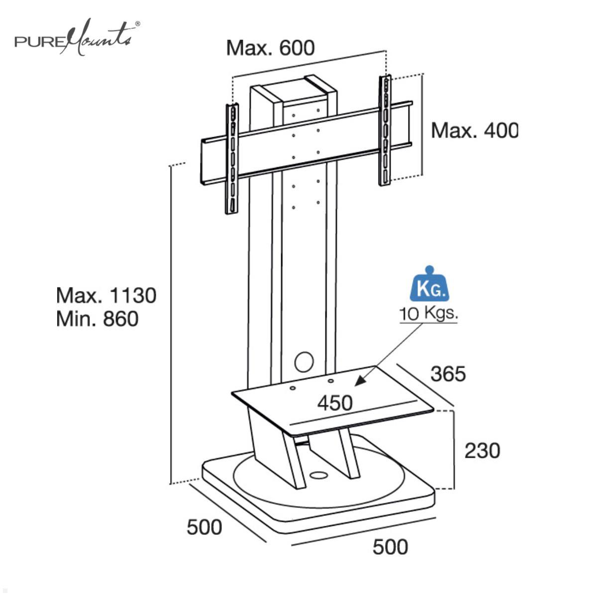 PureMounts GI-PM-140W mobiler TV Ständerbis 75 Zoll, höhenverstellbar, drehbar, weiß technische Zeichnung