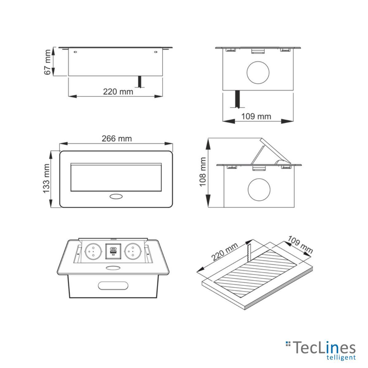 TecLines TES009W 2-fach Einbausteckdose mit USB A/C Charger, 3m Kabel, weiß technische Zeichnung