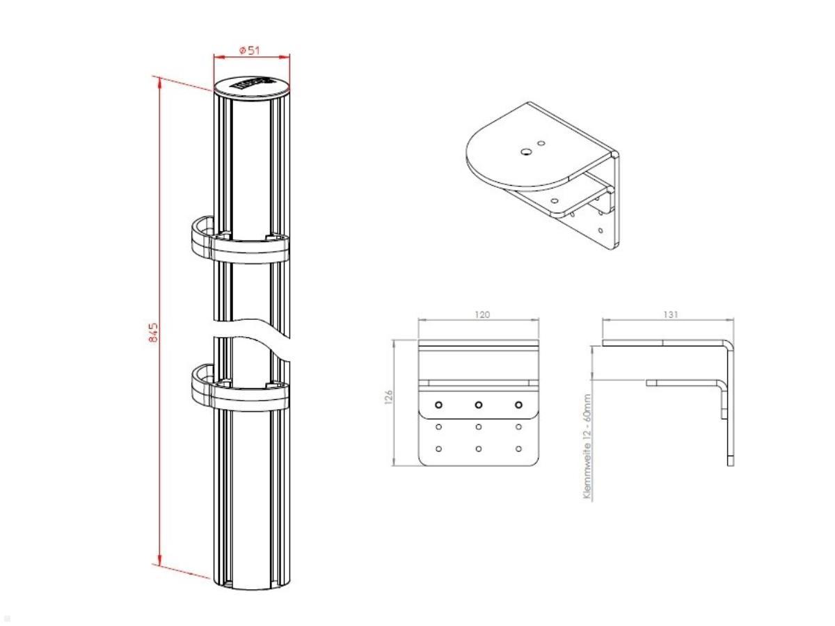 Novus Dual Monitorhalter TSS Säule 845 Tischklemme mit Faltarm III, Zeichnung Säule Maße