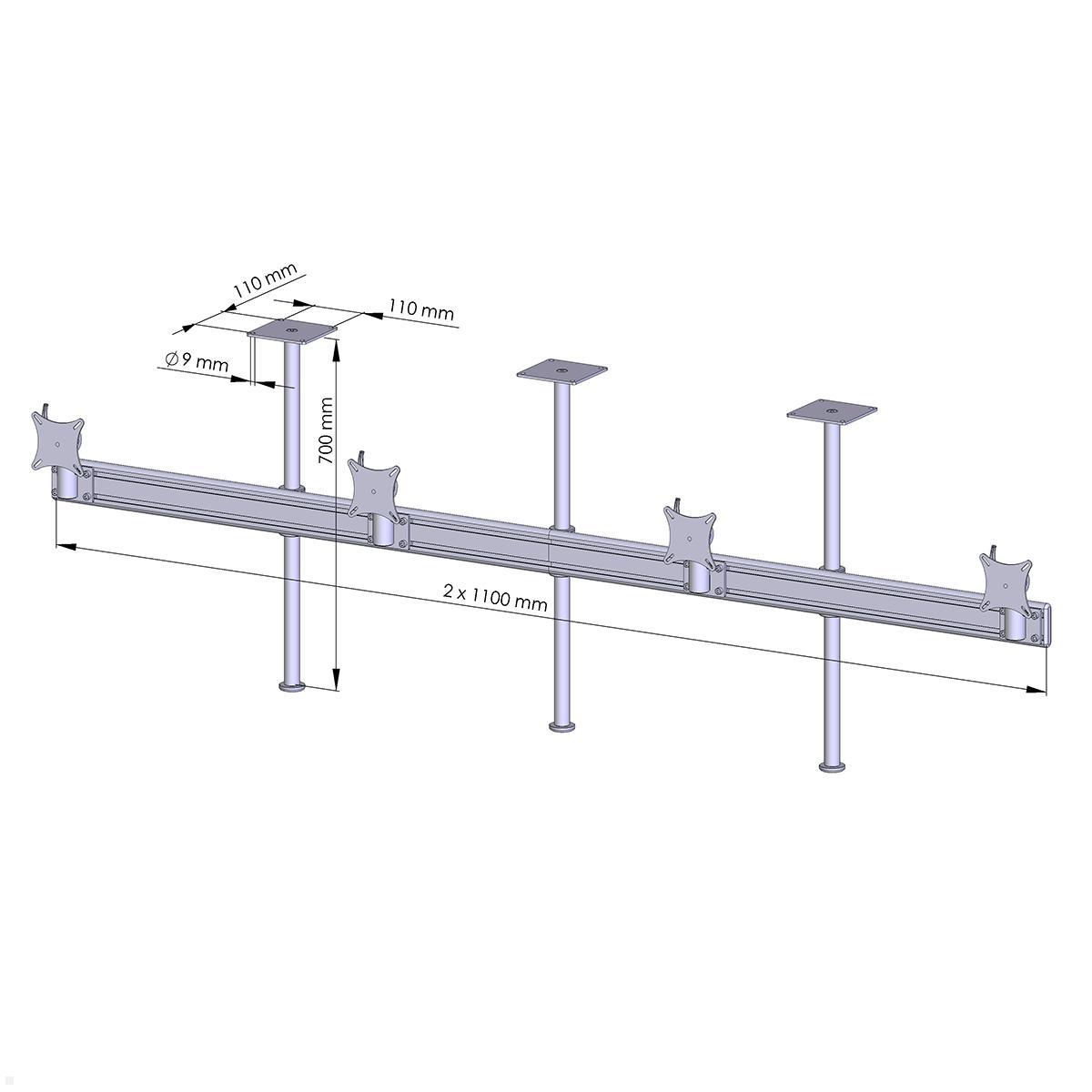 MonLines MDH220G Flat Deckenhalterung für 4 Monitore bis 32 Zoll, grau, Zeichnung Maße