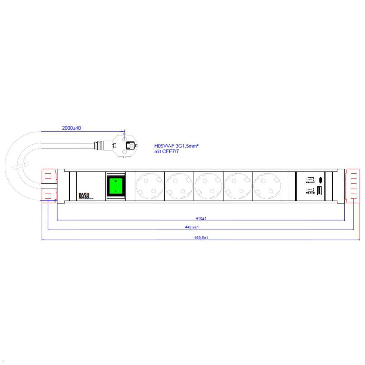 Bachmann CONNECT LINE 5x Steckdose, 1x USB A/C, 1x Schalter (420.0211), technische Zeichnung