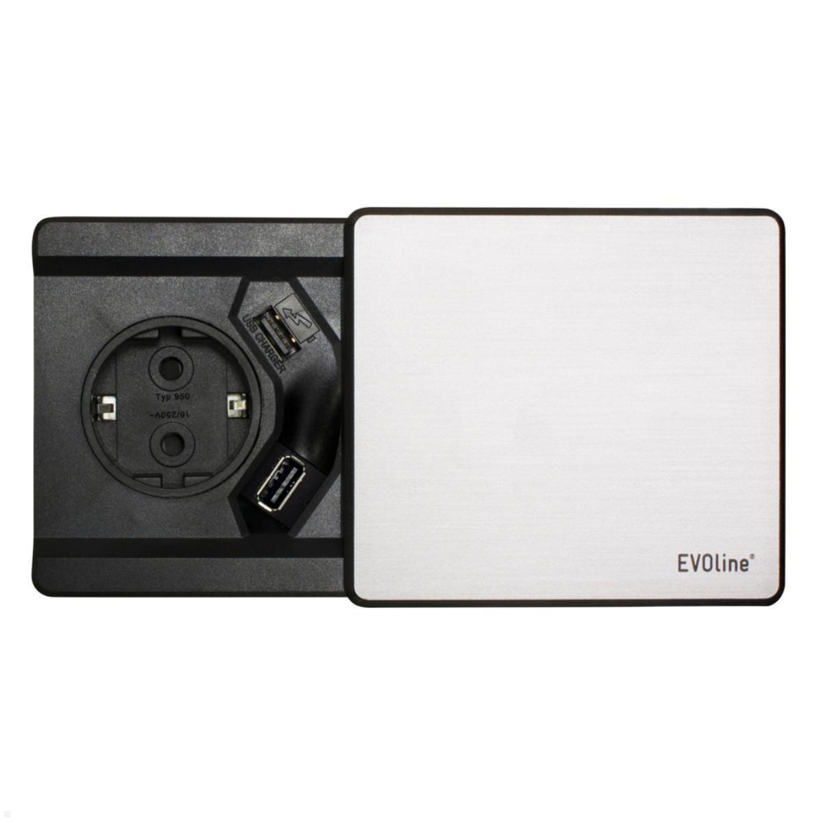 EVOline Square80 Einbausteckdose mit 2x USB Charger, Edelstahl optional mit einer Qi-Ladespule