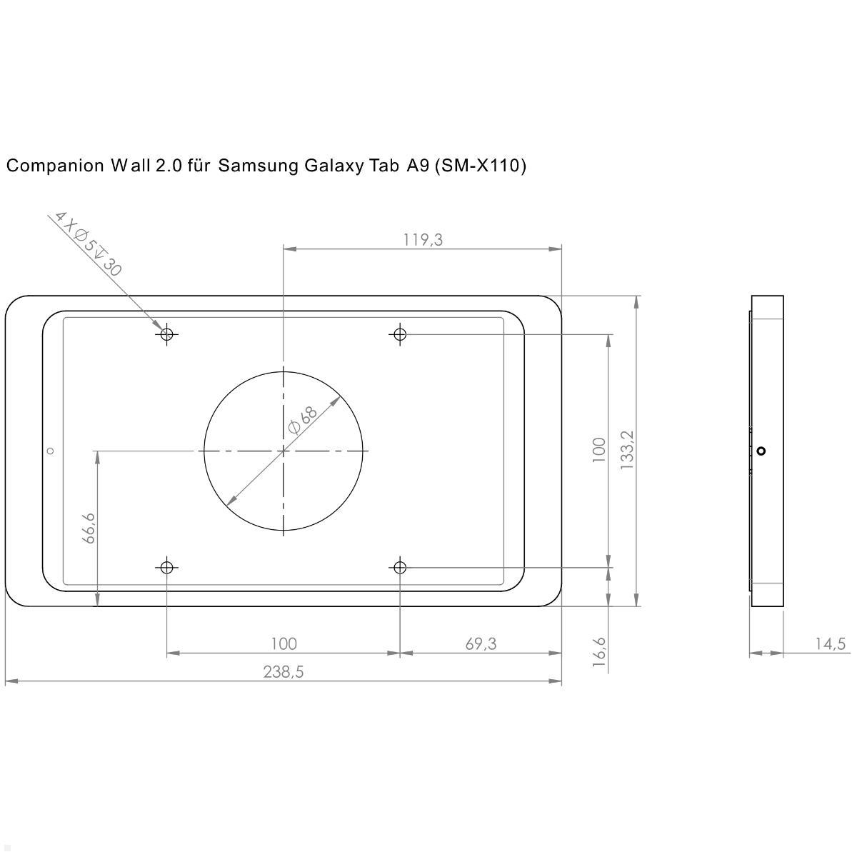 Displine Companion Wall 2.0 Wandhalter für Samsung Tab A9 8.7, schwarz, technische Zeichnung