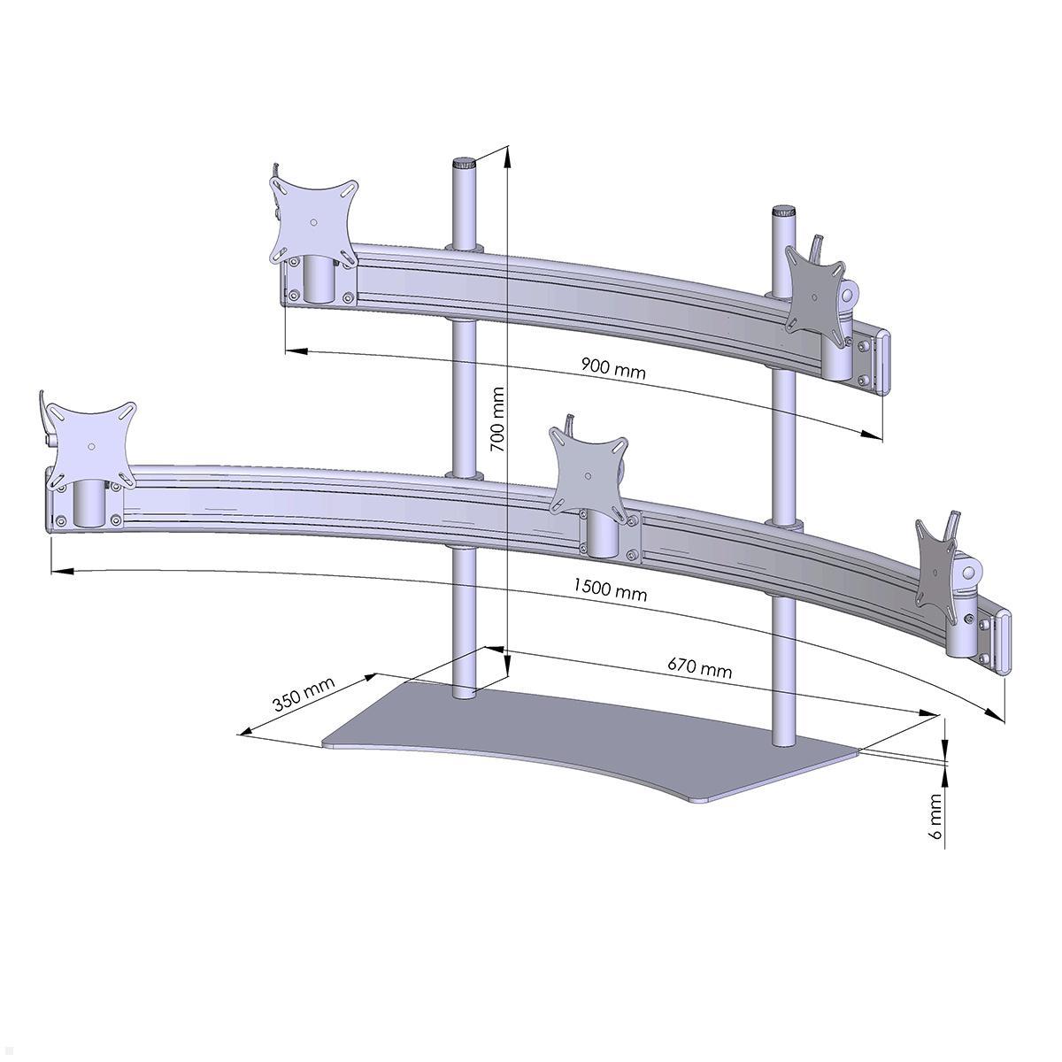 MonLines MTH304G Para 3+2 Monitor Tischhalter Standfuß bis 24 Zoll, grau, Zeichnung Maße