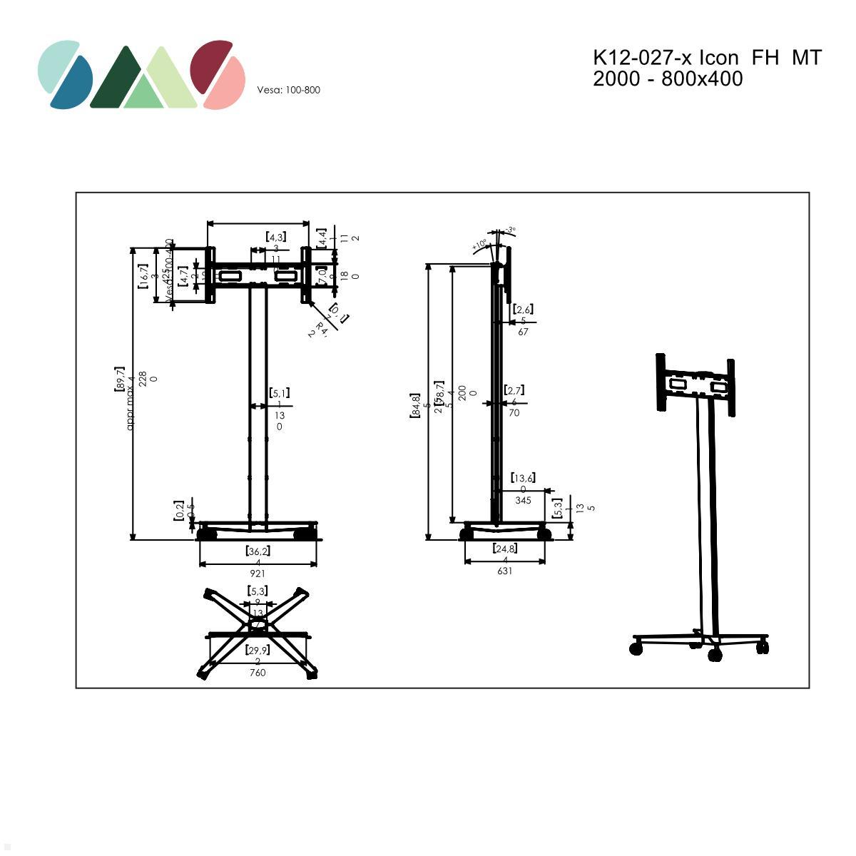 SMS Messekit Set mobiler Monitor Standfuß FH MT 2000 EU silber + Transportcase technische Zeichnung Monitorständer