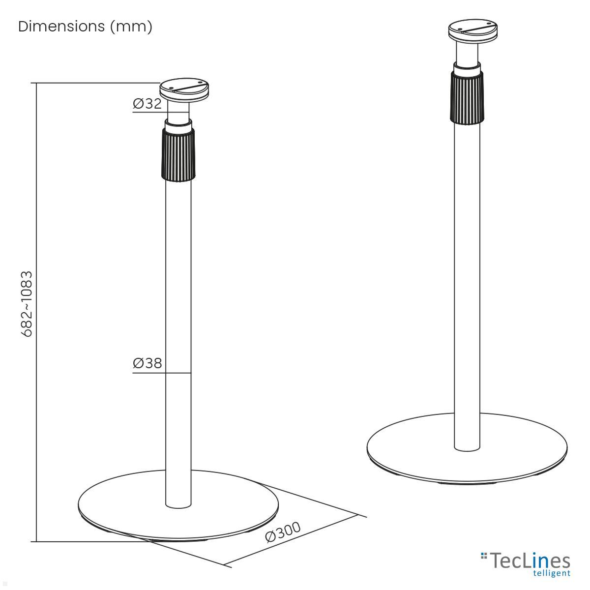 TecLines TLH007B 2x Lautsprecher Ständer Sonos Era 100 / 300 höhenverstellbar, schwarz technische Zeichnung 