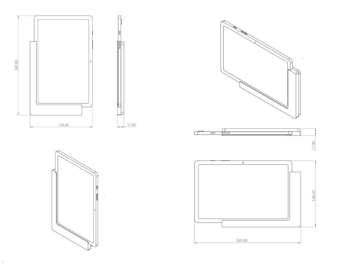 TabLines TWP001S Tablet Wandhalter für Samsung Tab A7 10.4 (2020), silber, Zeichnung Maße mit Tablet