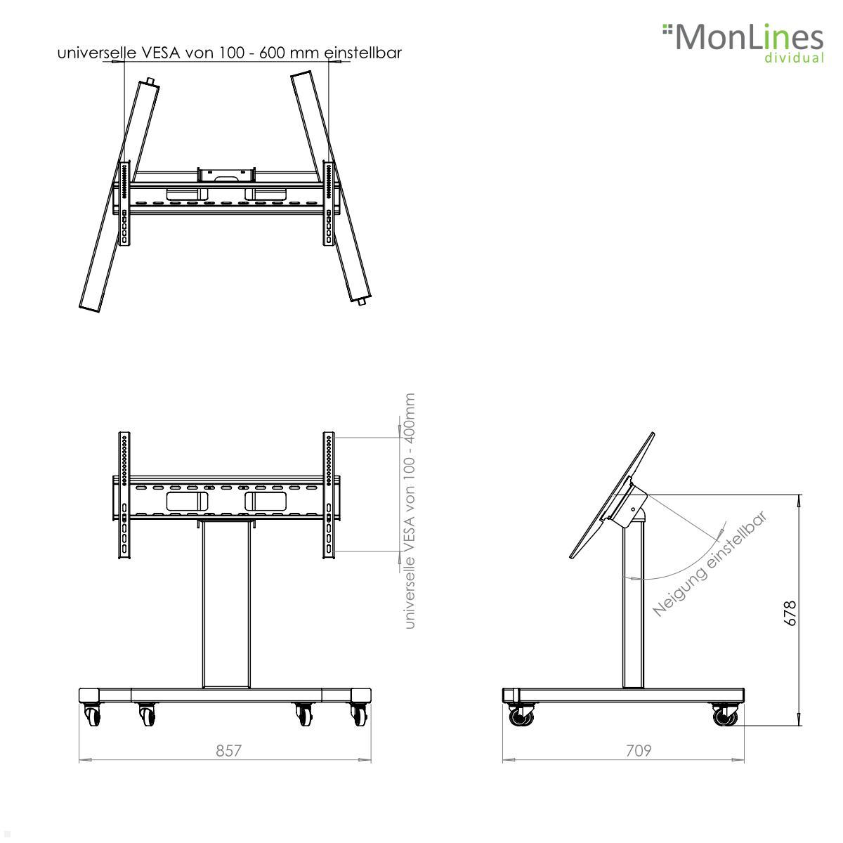 MonLines MBS009S Monitor Bodenständer niedrige Höhe bis 70 Zoll mit Kabel-/ Steckdose Fach in Säule, silber technische Zeichnung