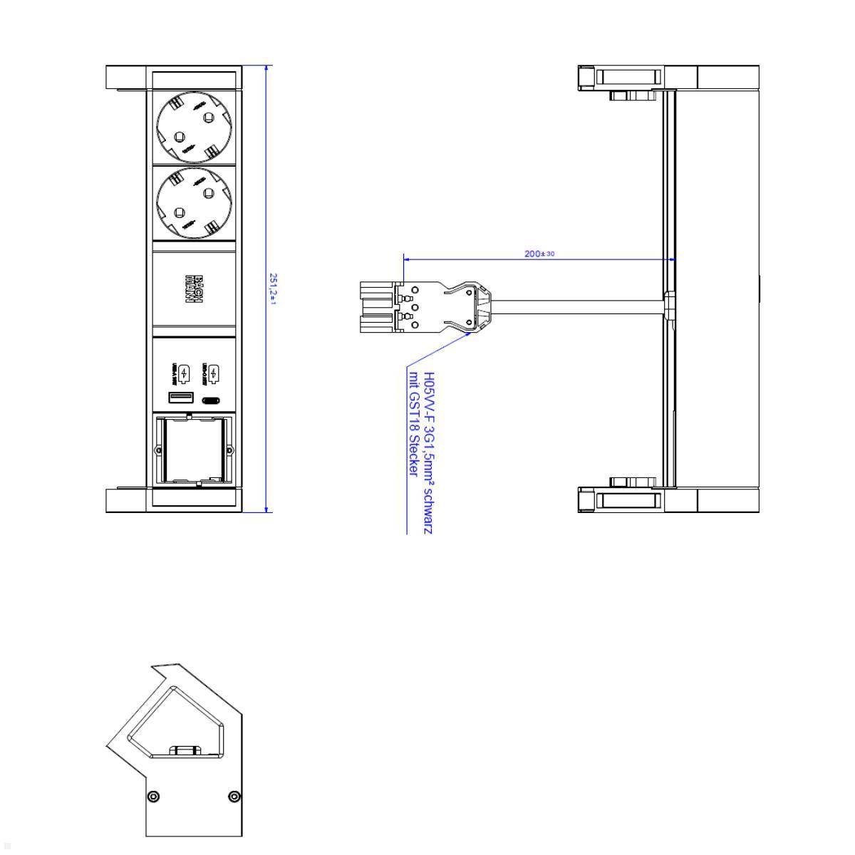 Bachmann DESK 2 2x Steckdose 1x USB-Charger A/C 1x CM (902.965), schwarz, Zeichnung Maße