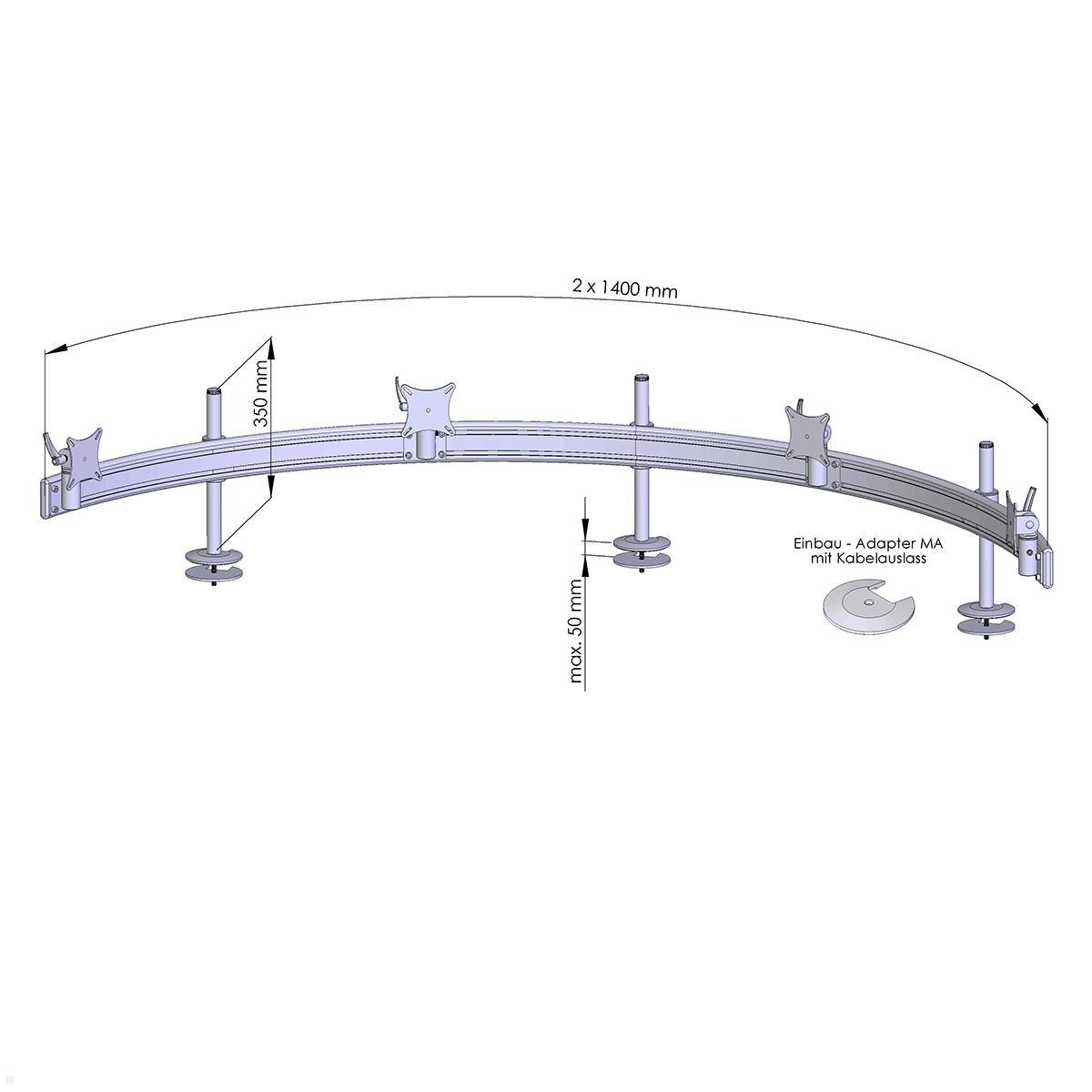 MonLines MTH295G Para 4er Monitor Tischhalter Einbau bis 32 Zoll, grau, Zeichnung Maße