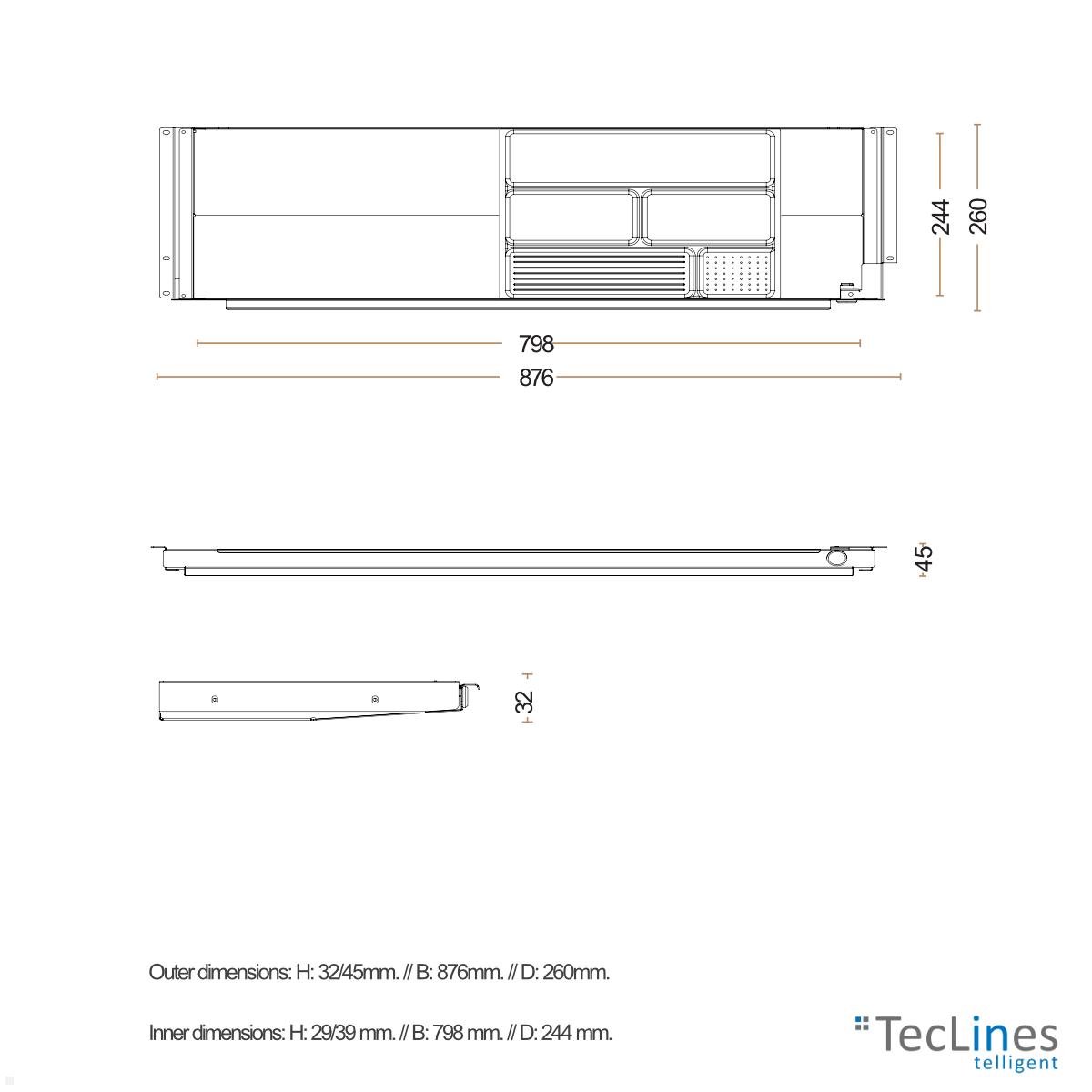 TecLines TUS001A Untertisch Schublade mit Kunststoffeinsatz L, Aluminium technische Zeichnung