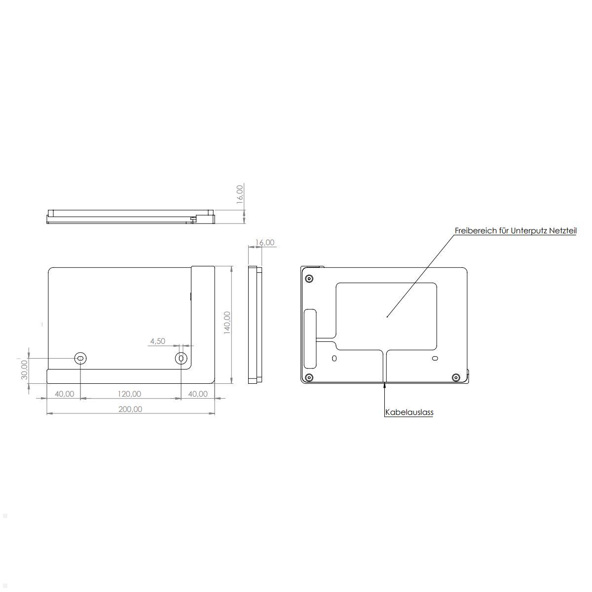 TabLines TWP021S Wandhalterung für Samsung Tab S8+ 12.4, silber, Zeichnung Maße ohne Tablet