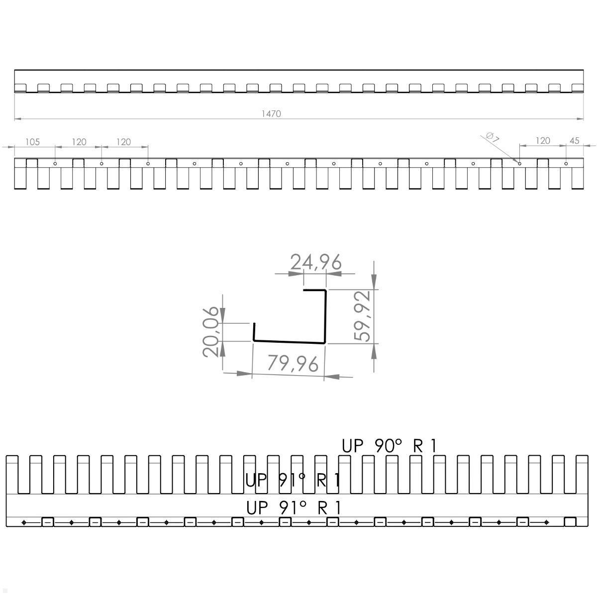 TecLines TKK011W flexibler Kabelkanal Schreibtisch 147 cm, weiß, technische Zeichnung