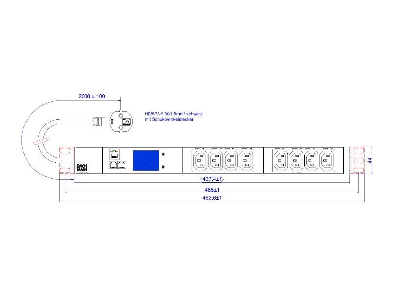 Bachmann 19 Zoll Steckdosenleiste BlueNet BN2000 8x C13 Maße