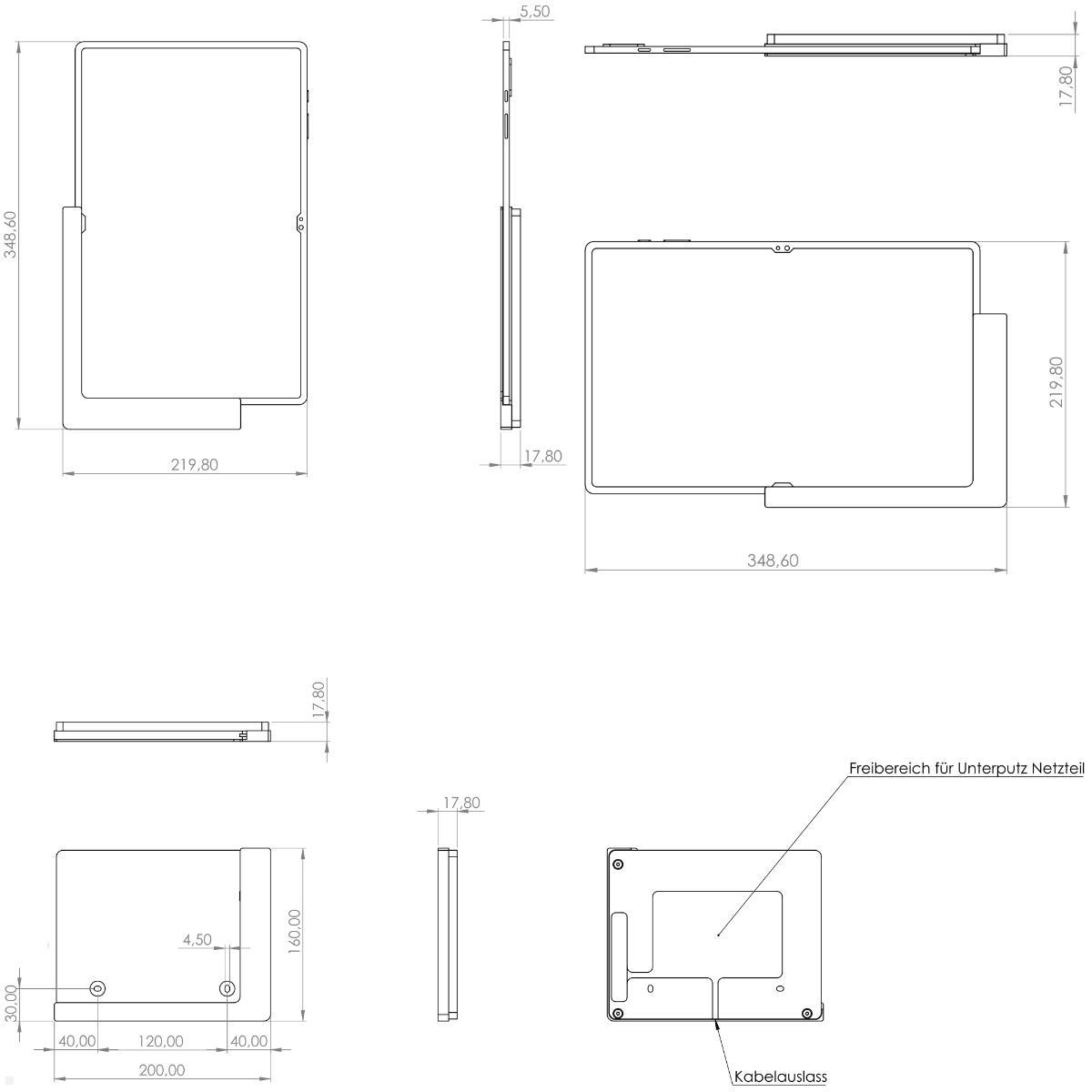 TabLines TWP041W Wandhalterung für Samsung Tab S10 Ultra 14.6, weiß, technische Zeichnung