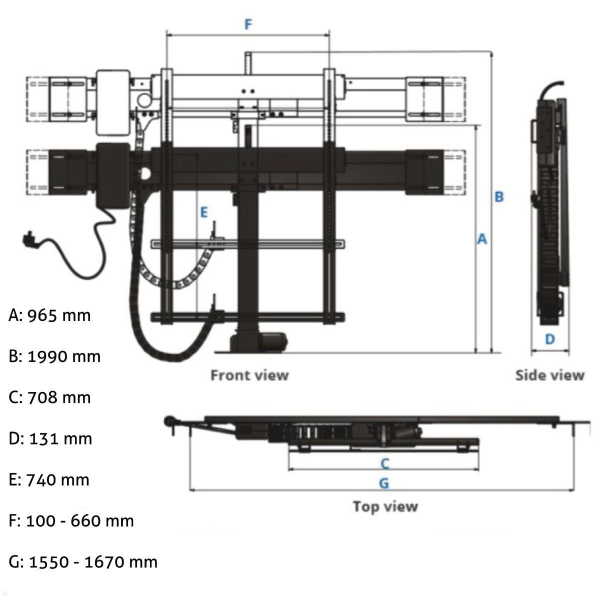 MonLines MLS023B Einbau TV Lift bis 70 Zoll, automatische Klappe, 1025 mm Hub, Maße