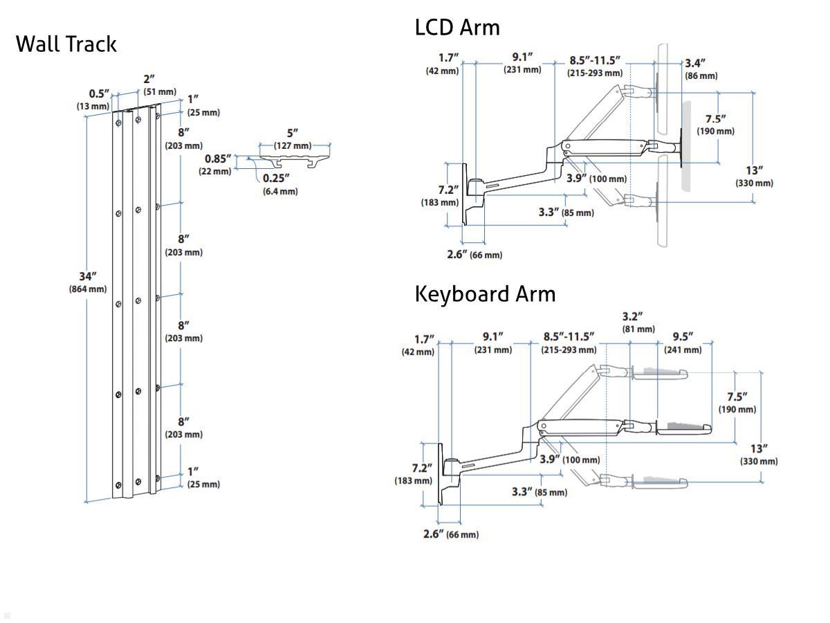 Monitor Wandhalterung, Ergotron LX 45-551-216, schwenkbar, Technische Zeichnung