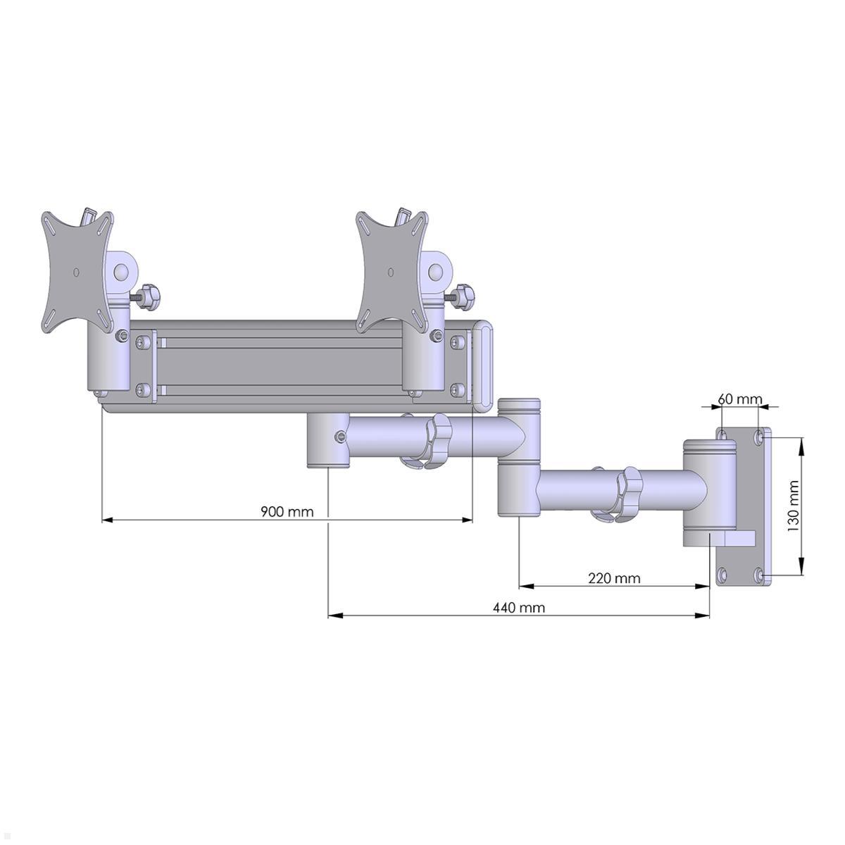 MonLines MWH227G TFT-Vario schwenkbarer Wandhalter für 2 Monitore mit Flat System, grau technische Zeichnung