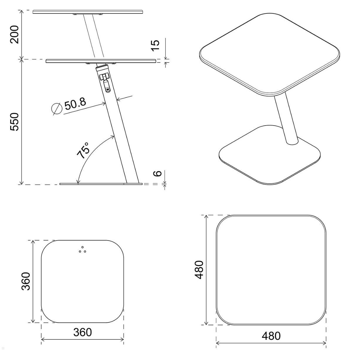 Dataflex Bento Laptoptisch 550-755mm höhenverstellbar (45.453), schwarz, technische Zeichnung