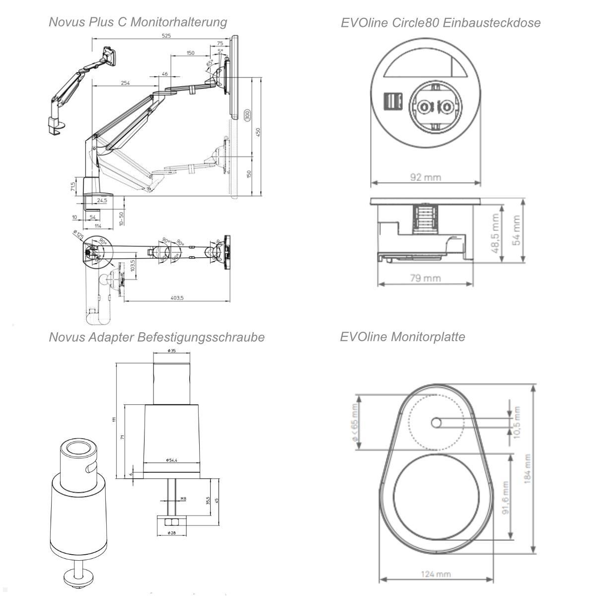 Novus Clu Plus C Monitorhalter mit Einbausteckdose USB-Charger A/C, Skizze